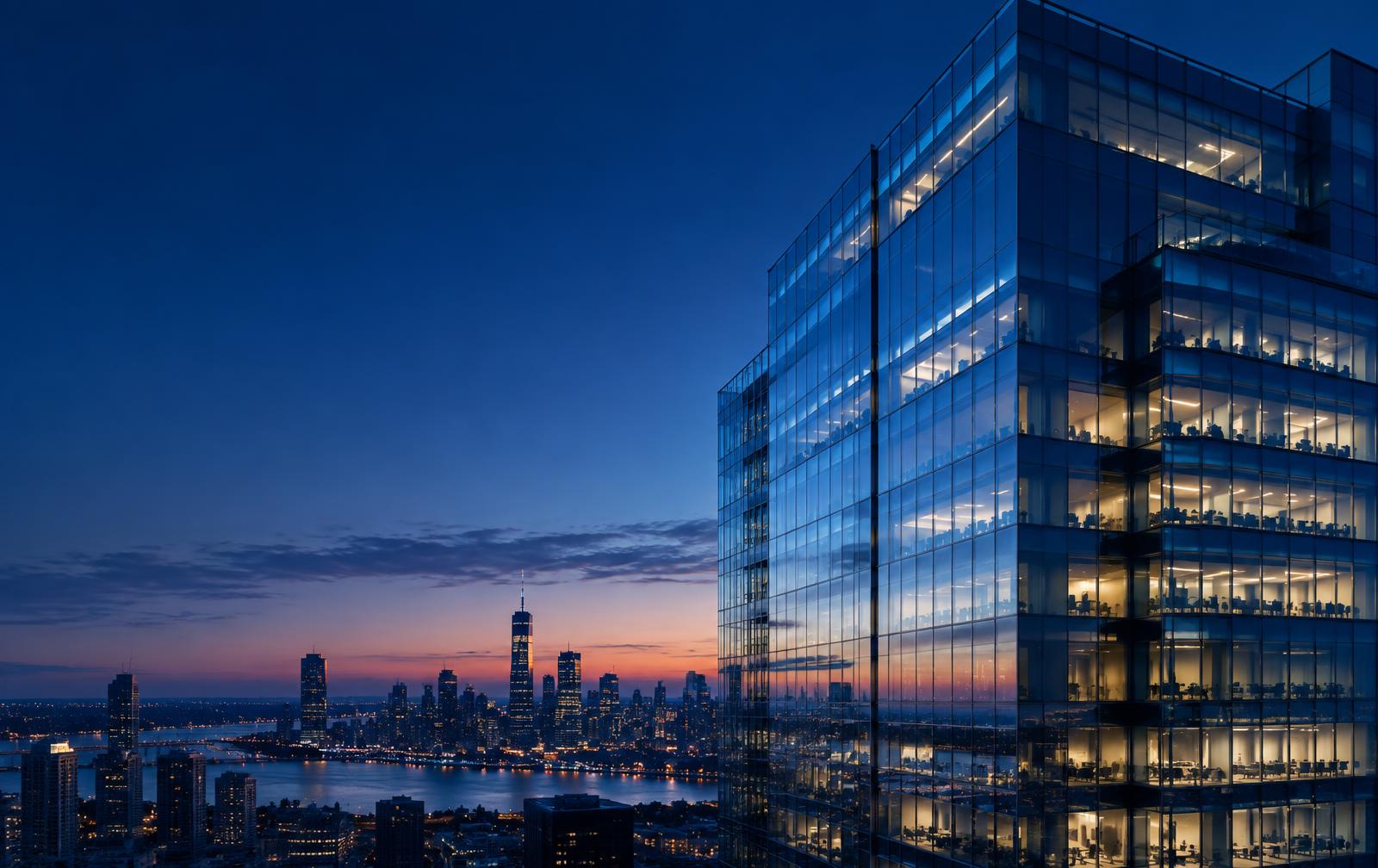 Glass enterprise offices overlooking a city at dusk